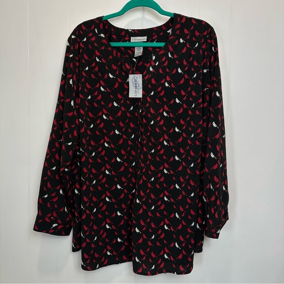 Catherines Tops - NWT Catherines Red Cardinal Bird Novelty Print Hidden Button Blouse Size 1X